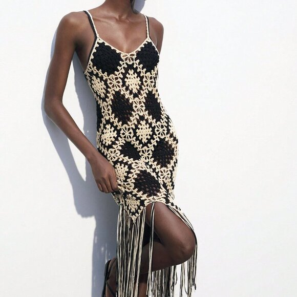 Black and White Party Women's Contrast Color Crochet Knit Sweater Dress - Picture 1 of 8